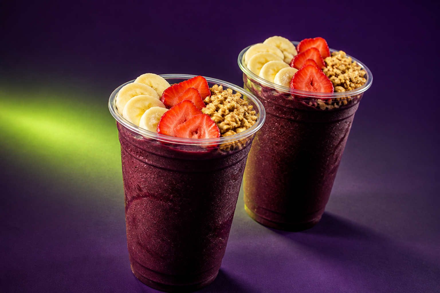 Dois copos de açaí com banana, morango e granola